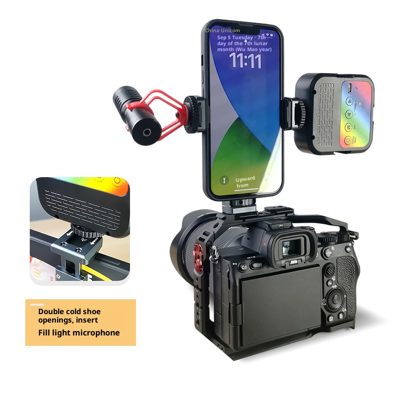 Hot shoe phone holder multi-function SLR camera external display monitor horizontal and vertical shooting live tripod bracket photography double cold shoe fixing clip vlog